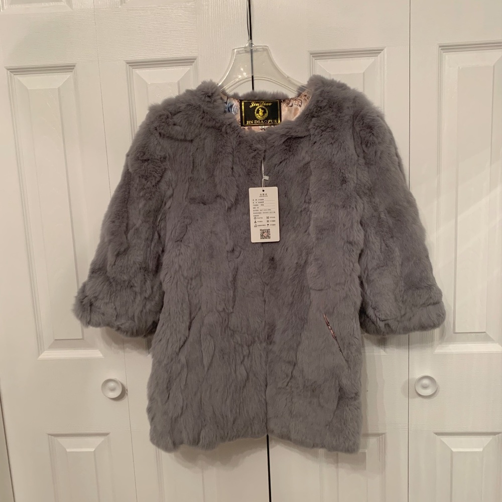 NWT grey genuine rabbit fur coat size small